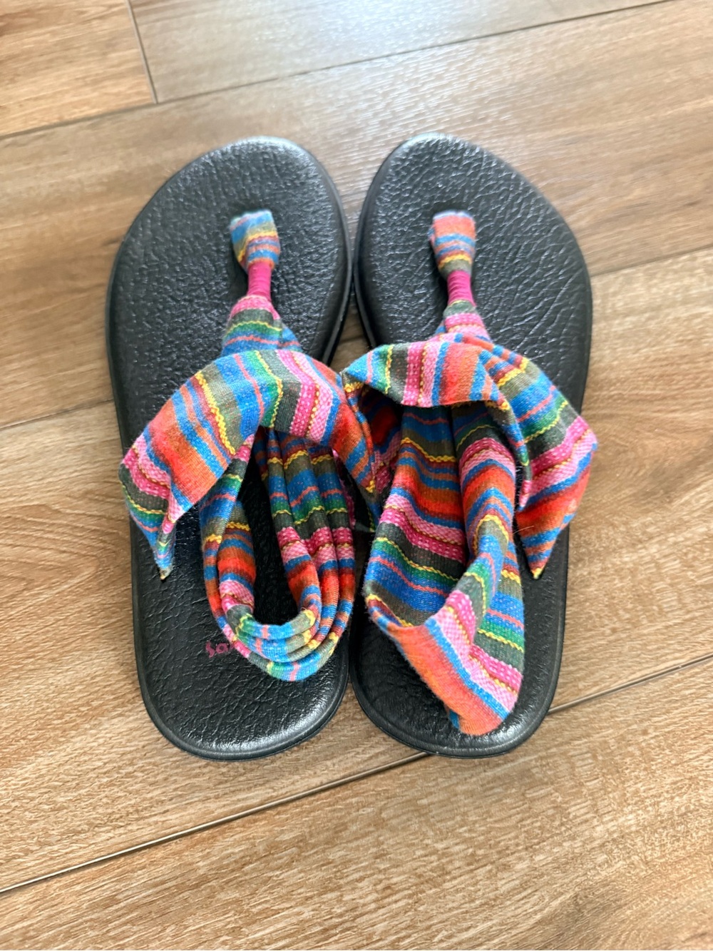 Sanuk Striped Orange, Blue, Pink and Green Fabric Wrap Sandals - Picture 2 of 5